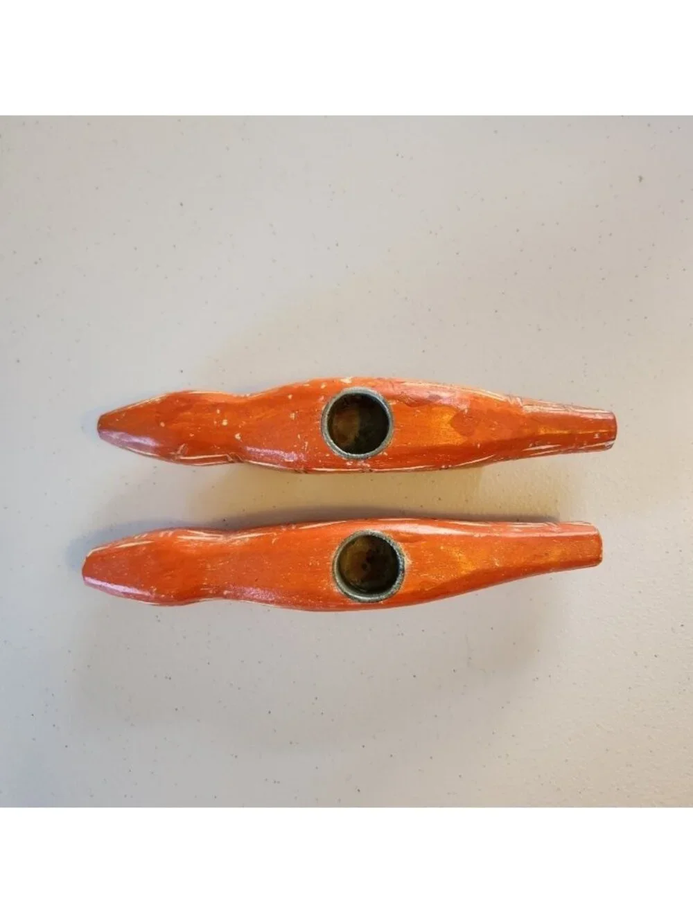 Vintage Pottery Barn Boho Whitewashed Orange Figural Lizard Wood Candle Holders